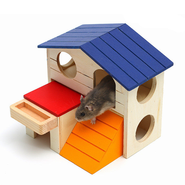 Wooden mouse house with a blue roof, red platform, and orange ramp on a white background.