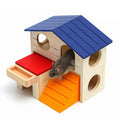 Wooden mouse house with a blue roof, red platform, and orange ramp on a white background.