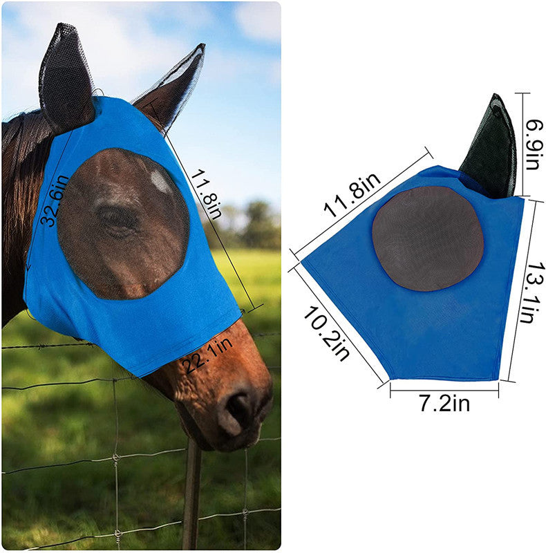 Lycra Horse Fly Mask With Ears Comfort Fit Mesh Trail Pasture Sun UV Protection