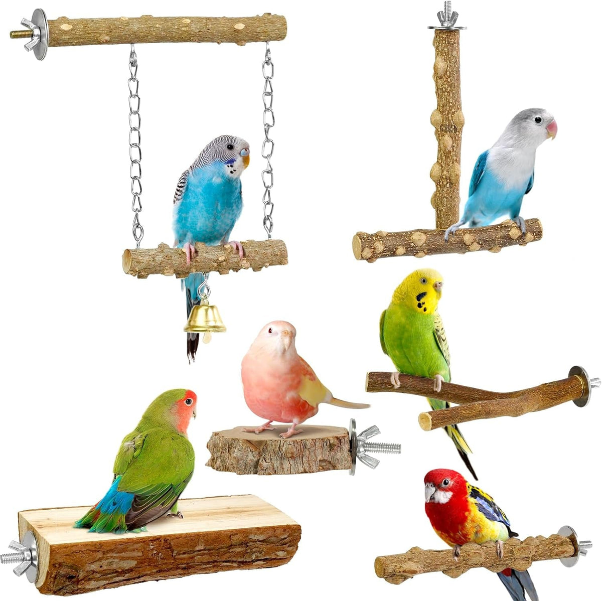 6pcs Natural Wood Bird Perches Parrot Cage Branch Stand Platform Set Small Birds