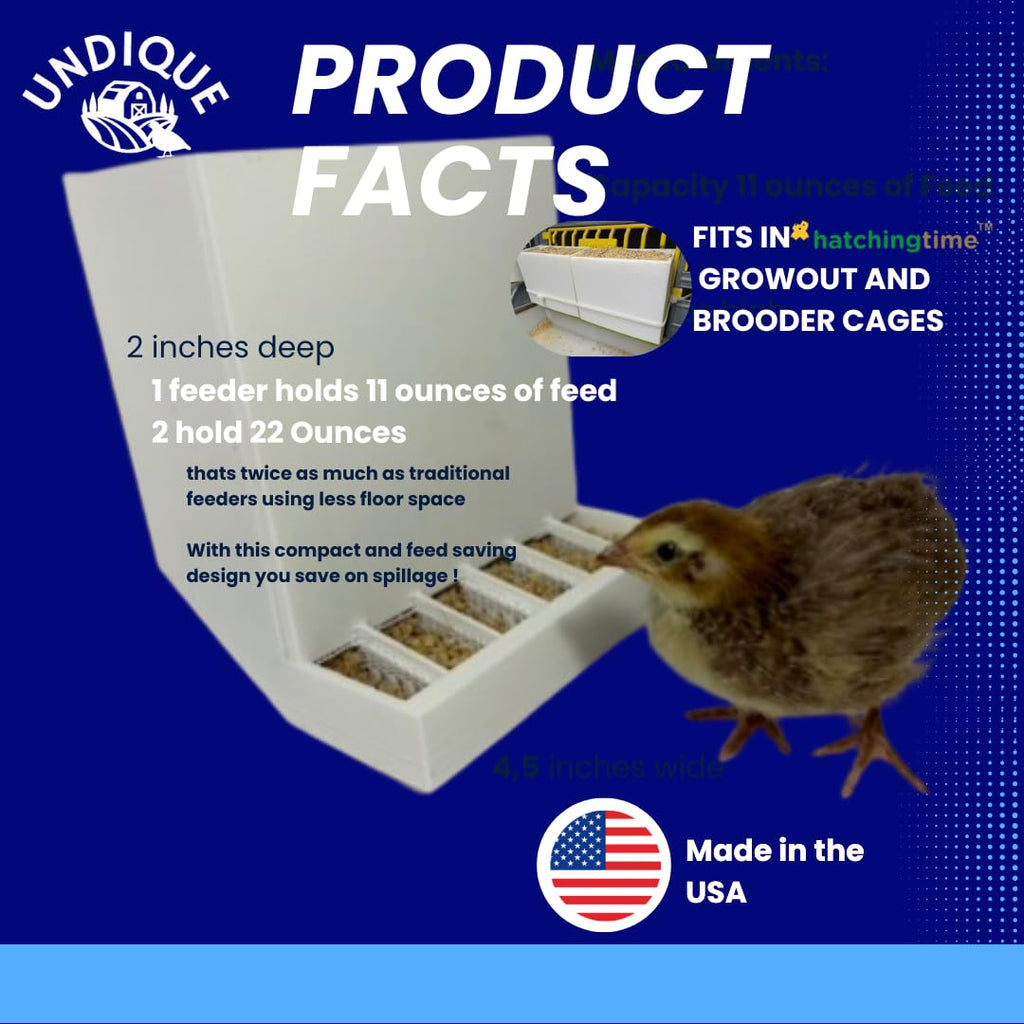 Front-Slot Quail Feeder Pair, Adjustable Spill-Resistant Design, for Hatching Time Chimuka Cage Systems, Made in USA