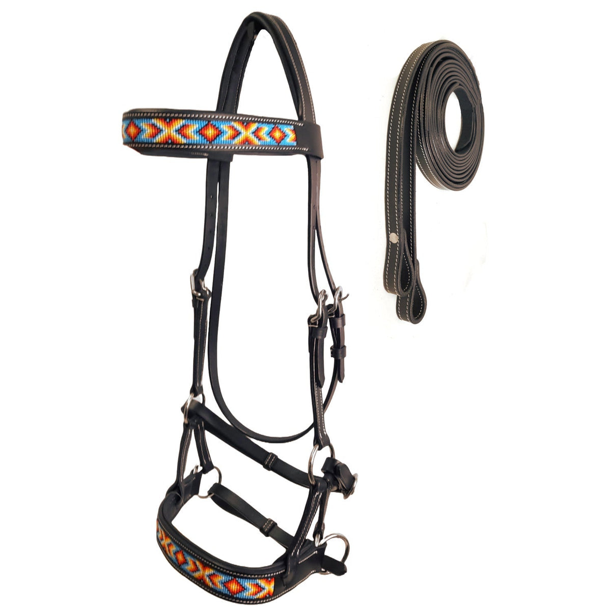Tahoe Bitless Leather Horse Bridle - Turquoise Navajo Beaded