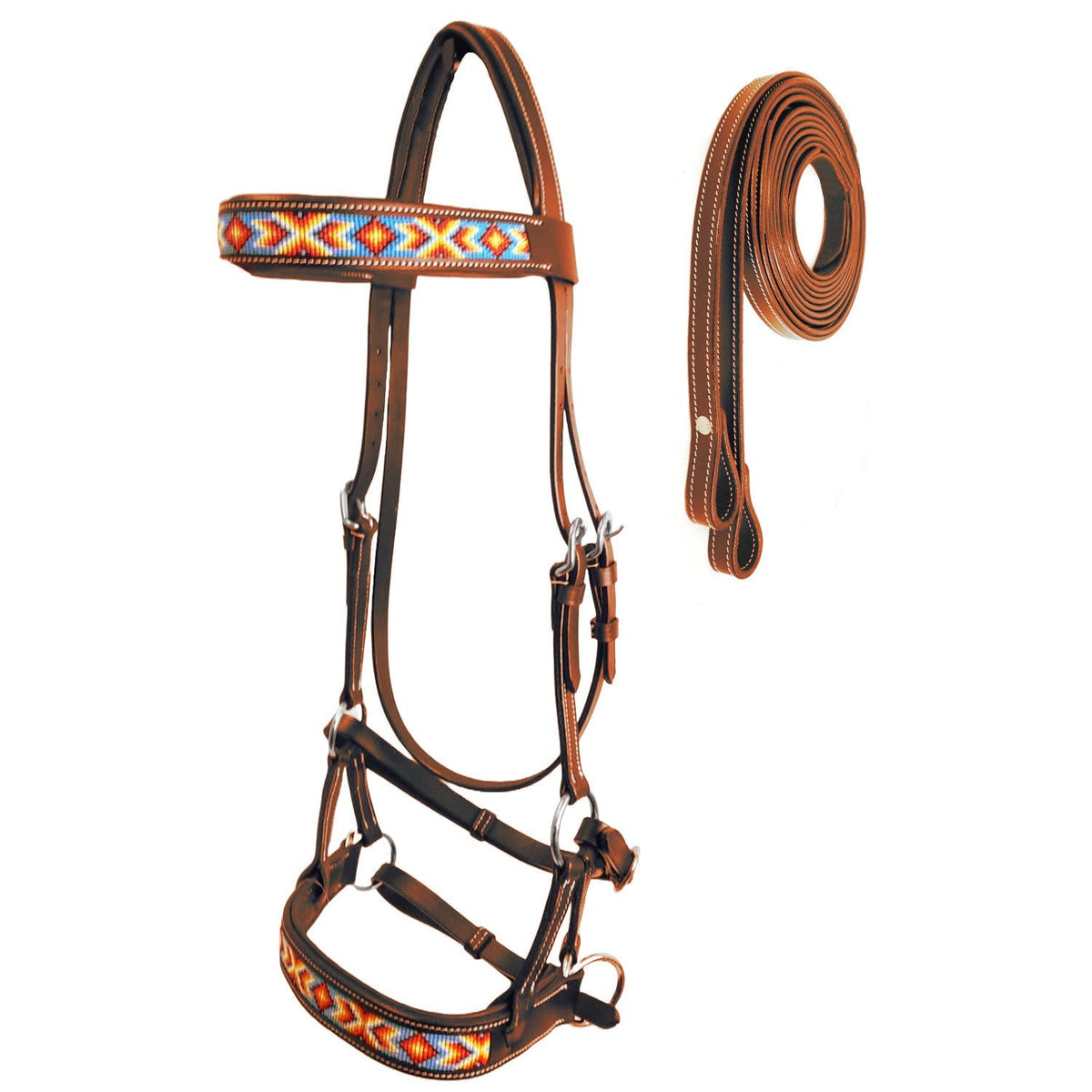 Tahoe Bitless Leather Horse Bridle - Turquoise Navajo Beaded