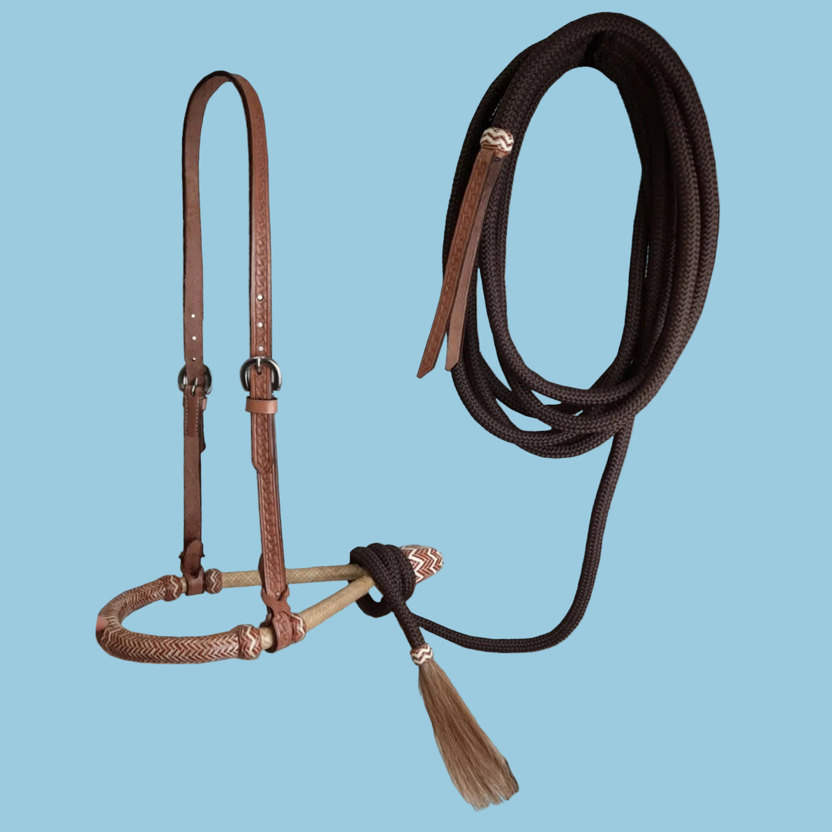Tahoe 5/8" Rawhide Tan Bosal Mecate Set with Basket-Tooled Leather Hanger