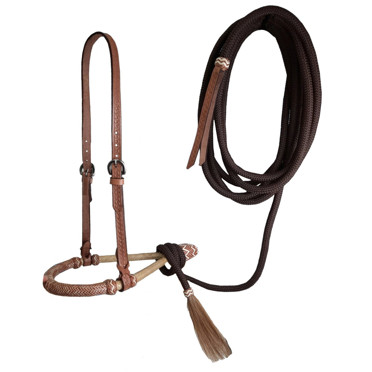 Tahoe 5/8" Rawhide Tan Bosal Mecate Set with Basket-Tooled Leather Hanger