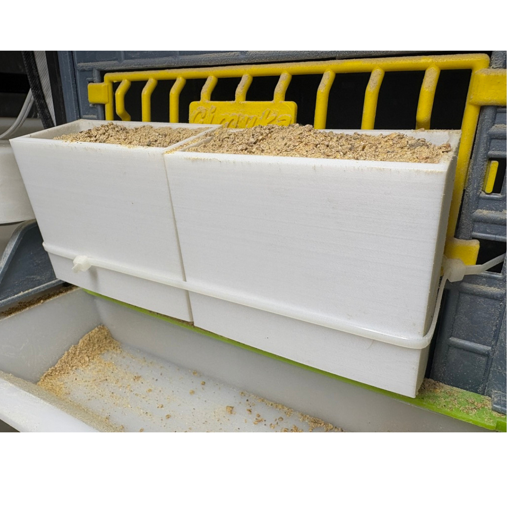 Front-Slot Quail Feeder Pair, Adjustable Spill-Resistant Design, for Hatching Time Chimuka Cage Systems, Made in USA