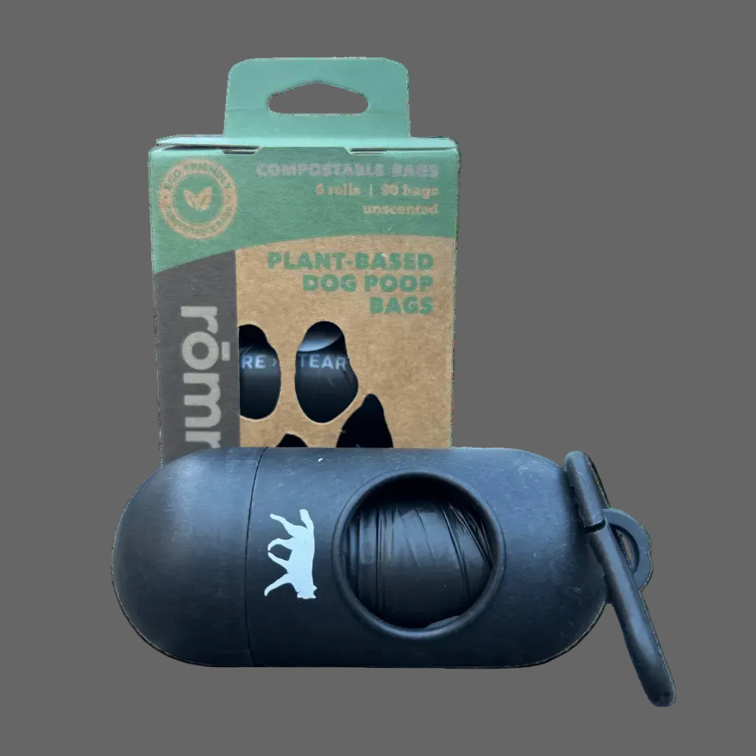 compostable plant-based dog poop bags + bamboo dispenser